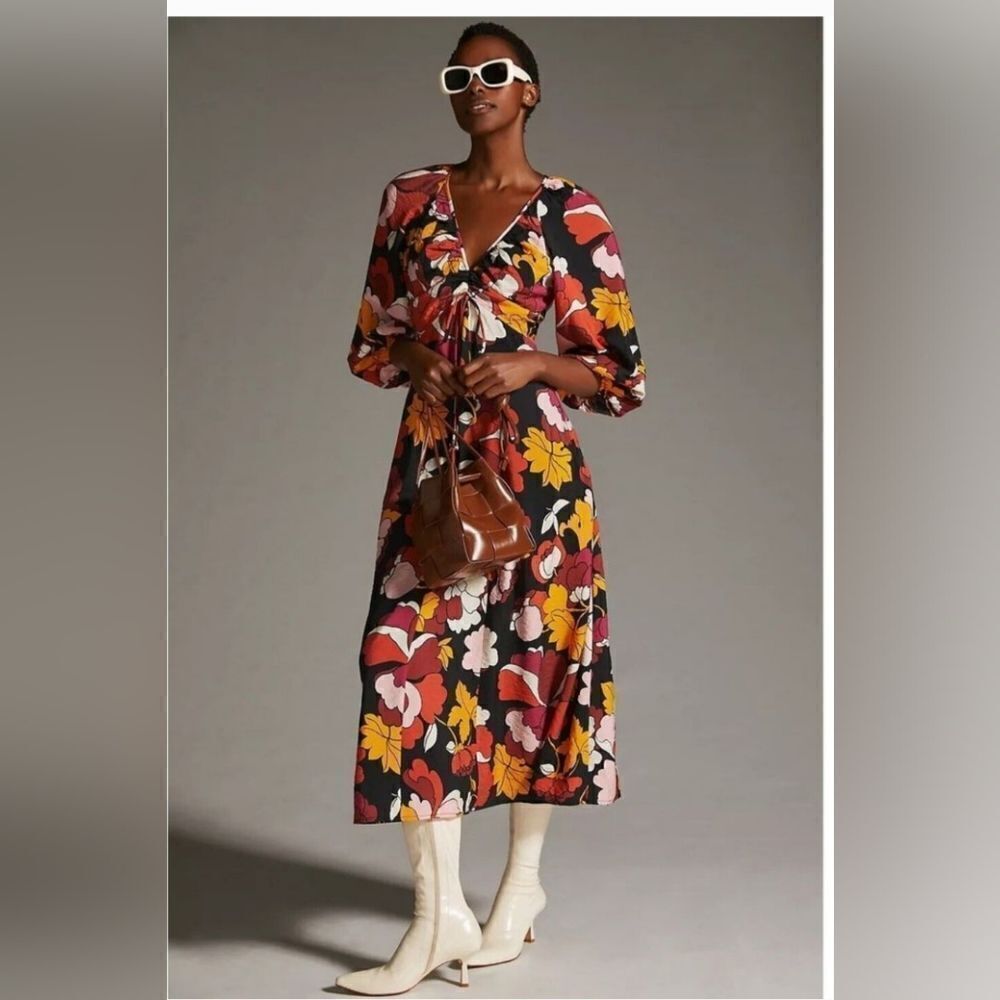 Anthropologie Maeve Deep-V Ruched Midi Dress Size 12
